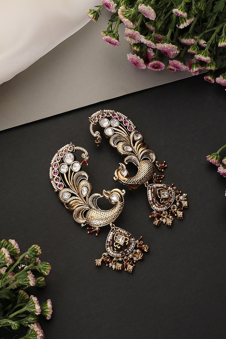 Gold Finish Red Kundan Polki Handcrafted Earcuffs by Swabhimann Jewellery at Pernia's Pop Up Shop