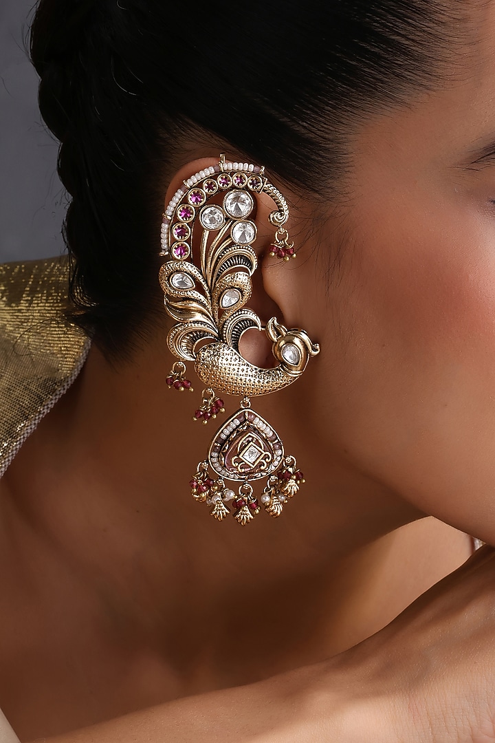Gold Finish Red Kundan Polki Handcrafted Earcuffs by Swabhimann Jewellery at Pernia's Pop Up Shop