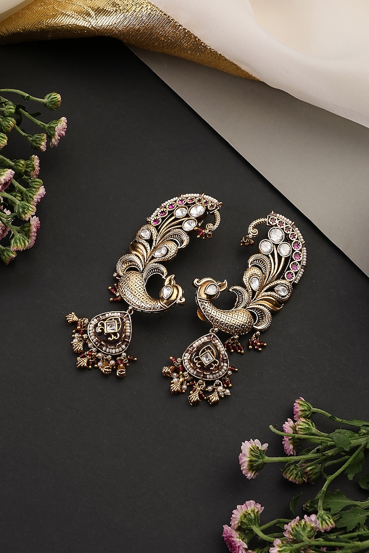 Gold Finish Red Kundan Polki Handcrafted Earcuffs by Swabhimann Jewellery at Pernia's Pop Up Shop