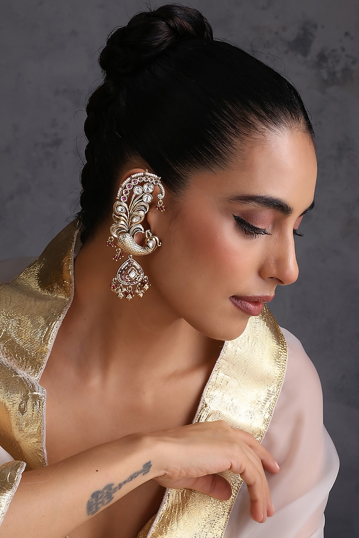 Gold Finish Red Kundan Polki Handcrafted Earcuffs by Swabhimann Jewellery at Pernia's Pop Up Shop