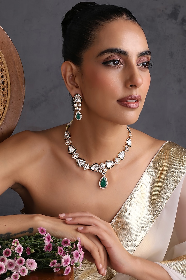 Gold Finish Kundan Polki & Emerald Stone Handcrafted Necklace Set by Swabhimann Jewellery at Pernia's Pop Up Shop