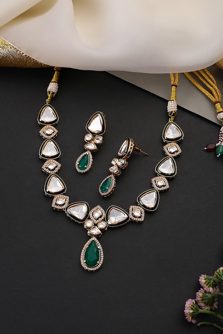Gold Finish Kundan Polki & Emerald Stone Handcrafted Necklace Set by Swabhimann Jewellery at Pernia's Pop Up Shop