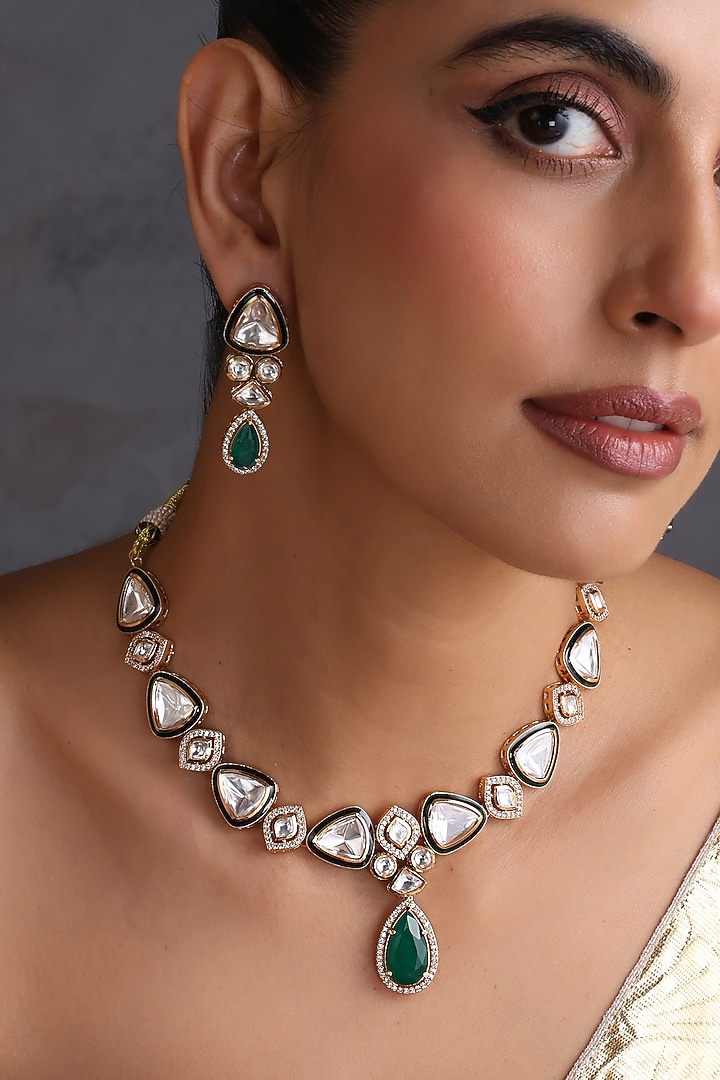 Gold Finish Kundan Polki & Emerald Stone Handcrafted Necklace Set by Swabhimann Jewellery at Pernia's Pop Up Shop