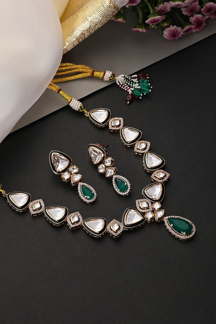 Gold Finish Kundan Polki & Emerald Stone Handcrafted Necklace Set by Swabhimann Jewellery at Pernia's Pop Up Shop