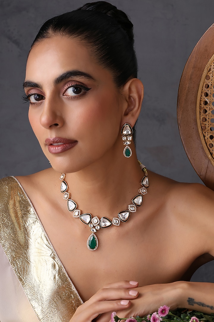 Gold Finish Kundan Polki & Emerald Stone Handcrafted Necklace Set by Swabhimann Jewellery at Pernia's Pop Up Shop