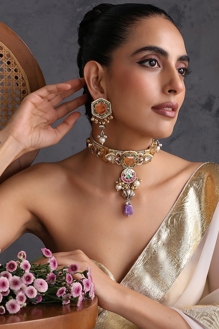 Gold Finish Multi-Colored Zircon & Kundan Polki Handcrafted Necklace Set by Swabhimann Jewellery at Pernia's Pop Up Shop