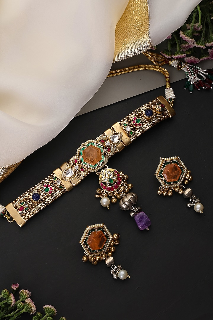 Gold Finish Multi-Colored Zircon & Kundan Polki Handcrafted Necklace Set by Swabhimann Jewellery at Pernia's Pop Up Shop