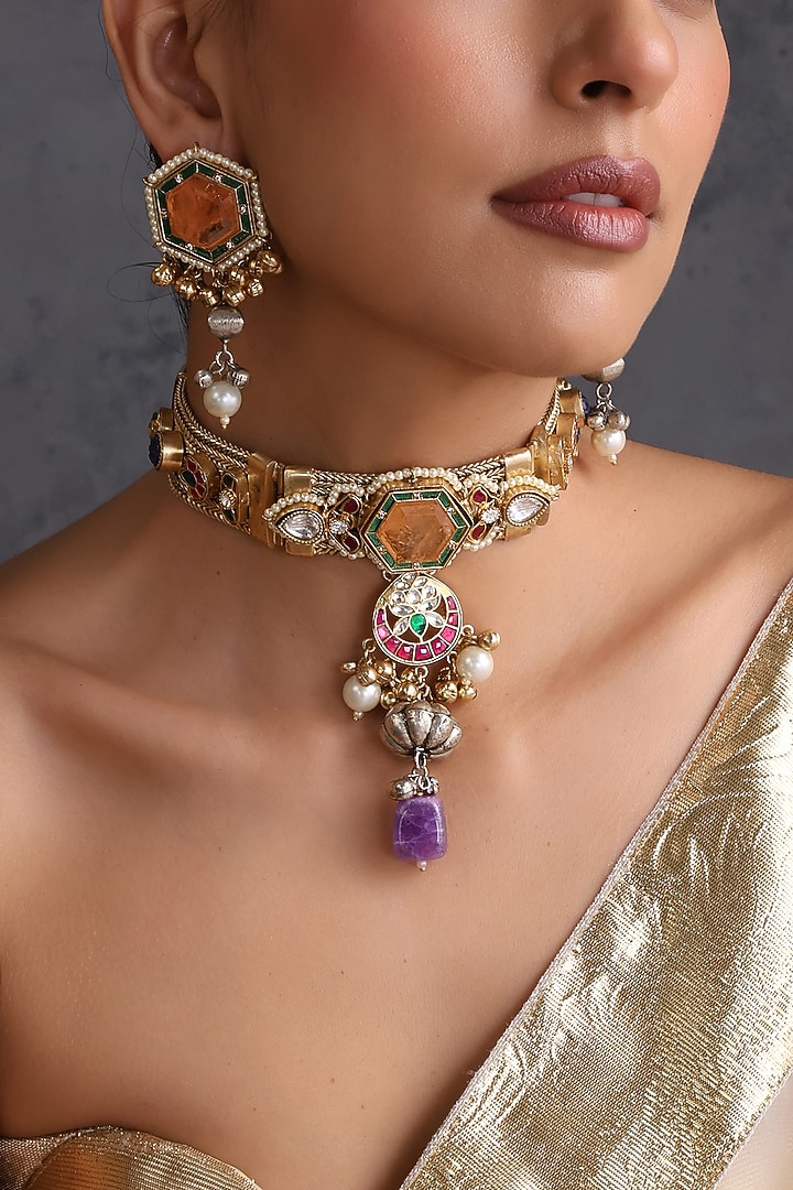 Gold Finish Multi-Colored Zircon & Kundan Polki Handcrafted Necklace Set by Swabhimann Jewellery at Pernia's Pop Up Shop