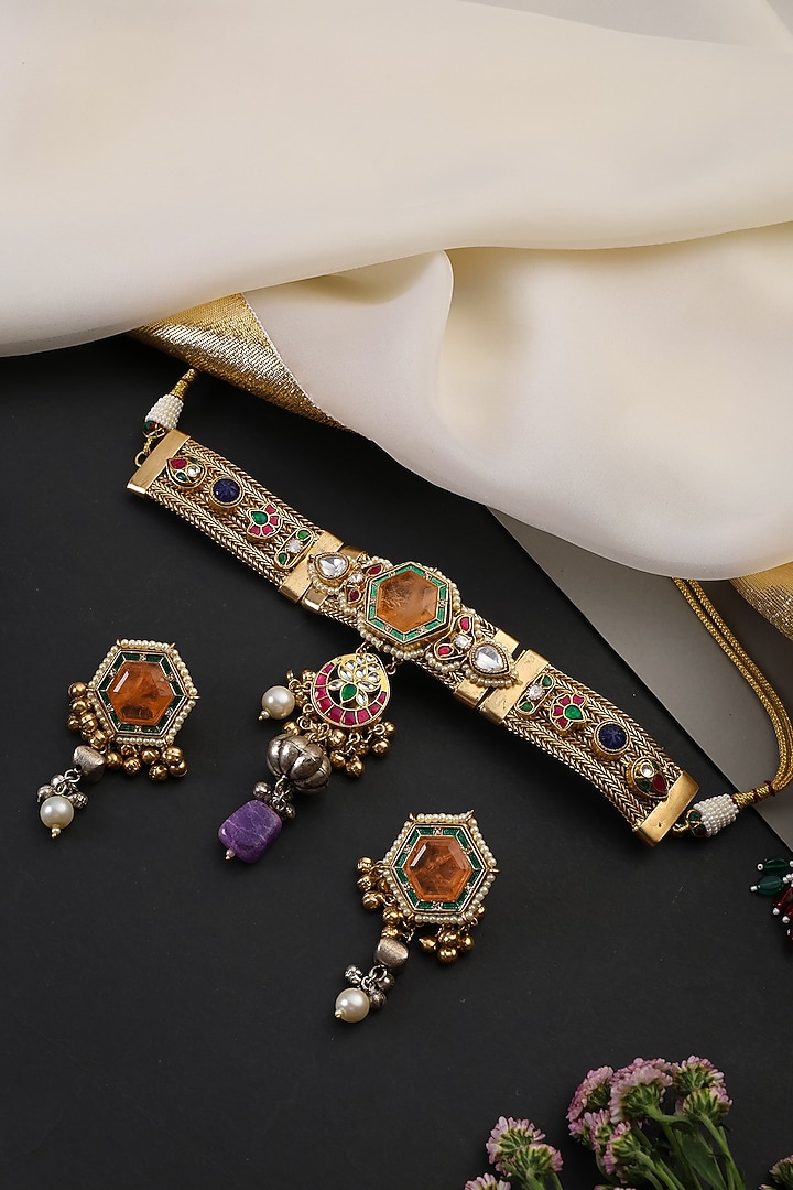 Gold Finish Multi-Colored Zircon & Kundan Polki Handcrafted Necklace Set by Swabhimann Jewellery at Pernia's Pop Up Shop