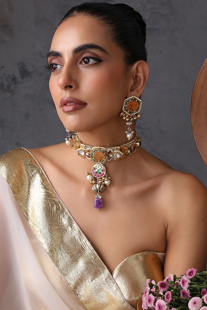 Gold Finish Multi-Colored Zircon & Kundan Polki Handcrafted Necklace Set by Swabhimann Jewellery at Pernia's Pop Up Shop