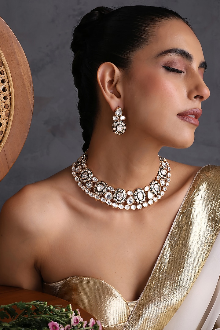 Gold Finish Green Kundan Polki Handcrafted Necklace Set by Swabhimann Jewellery at Pernia's Pop Up Shop
