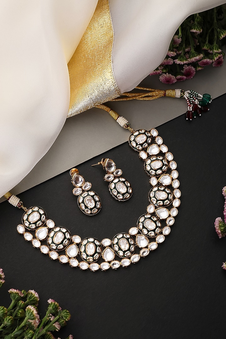 Gold Finish Green Kundan Polki Handcrafted Necklace Set by Swabhimann Jewellery at Pernia's Pop Up Shop