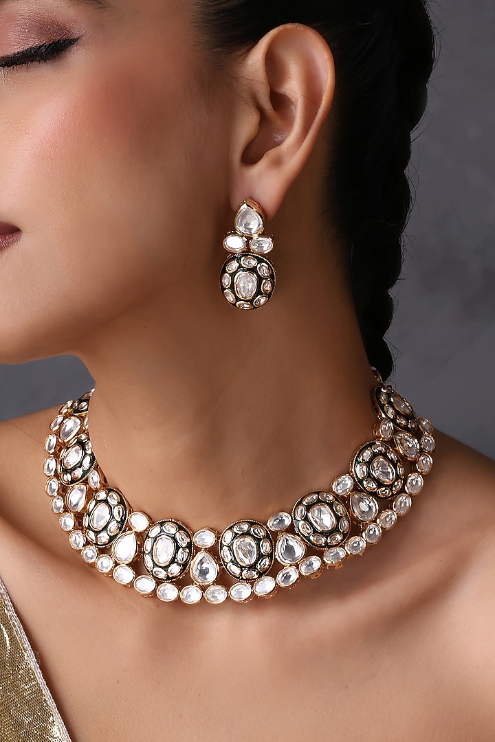 Gold Finish Green Kundan Polki Handcrafted Necklace Set by Swabhimann Jewellery at Pernia's Pop Up Shop