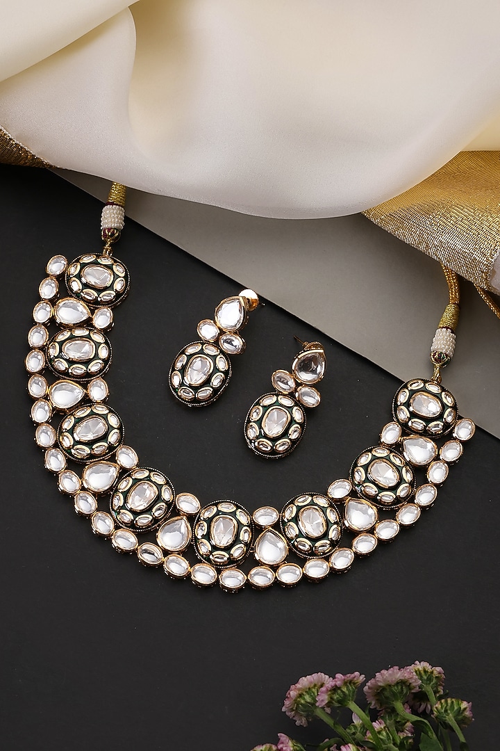 Gold Finish Green Kundan Polki Handcrafted Necklace Set by Swabhimann Jewellery at Pernia's Pop Up Shop