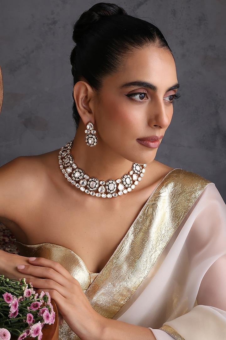 Gold Finish Green Kundan Polki Handcrafted Necklace Set by Swabhimann Jewellery at Pernia's Pop Up Shop