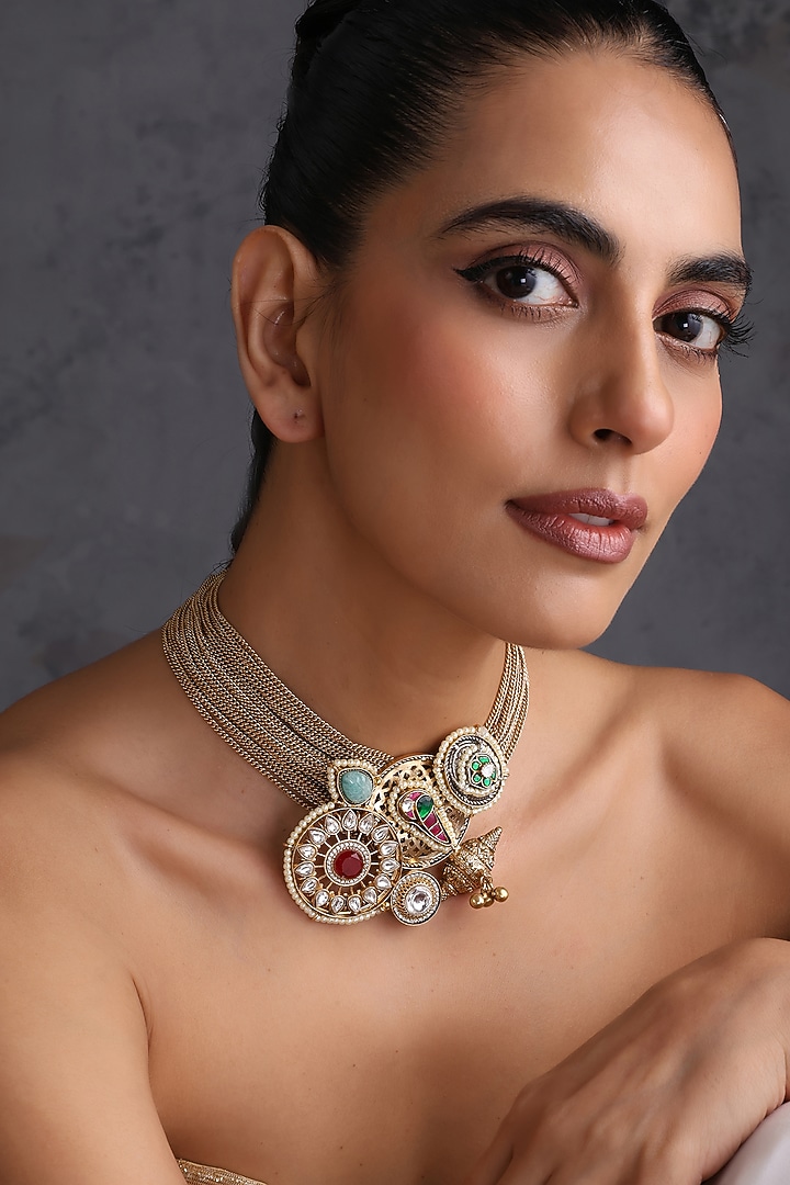 Gold Finish Multi-Colored Kundan Polki Handcrafted Choker Necklace by Swabhimann Jewellery at Pernia's Pop Up Shop