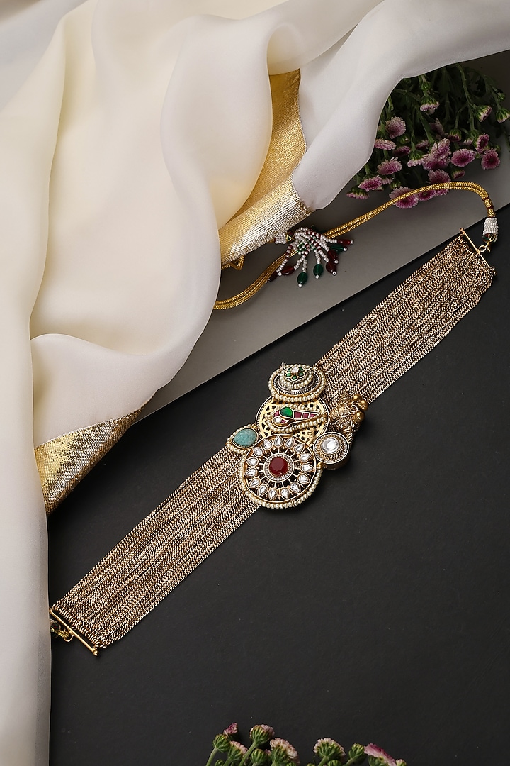 Gold Finish Multi-Colored Kundan Polki Handcrafted Choker Necklace by Swabhimann Jewellery at Pernia's Pop Up Shop
