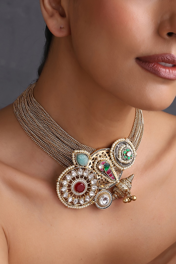 Gold Finish Multi-Colored Kundan Polki Handcrafted Choker Necklace by Swabhimann Jewellery at Pernia's Pop Up Shop
