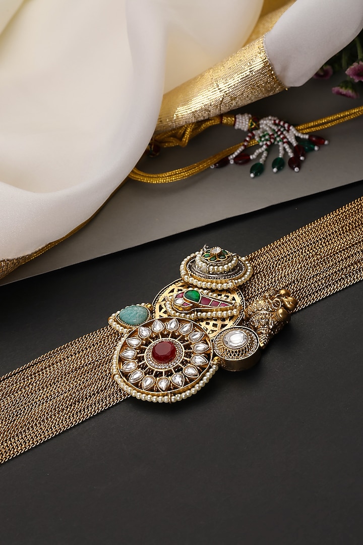 Gold Finish Multi-Colored Kundan Polki Handcrafted Choker Necklace by Swabhimann Jewellery at Pernia's Pop Up Shop