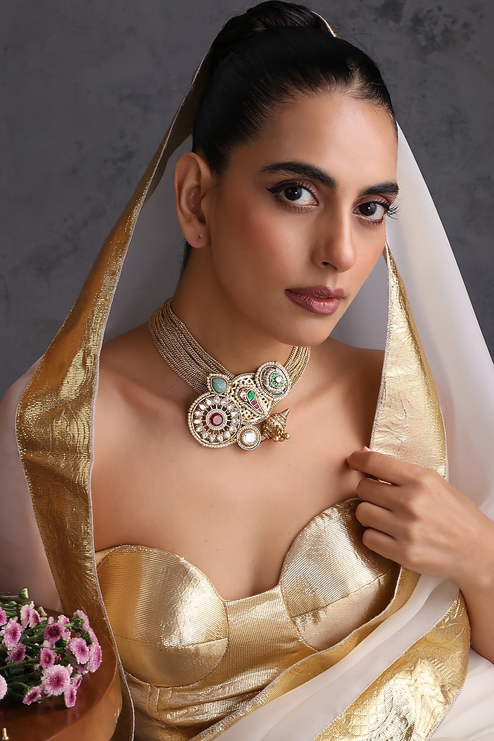Gold Finish Multi-Colored Kundan Polki Handcrafted Choker Necklace by Swabhimann Jewellery at Pernia's Pop Up Shop