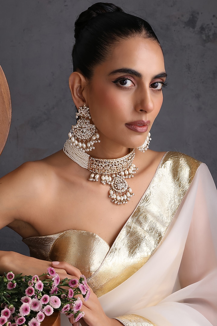 Gold Finish Jadau Stone Handcrafted Choker Necklace Set by Swabhimann Jewellery at Pernia's Pop Up Shop