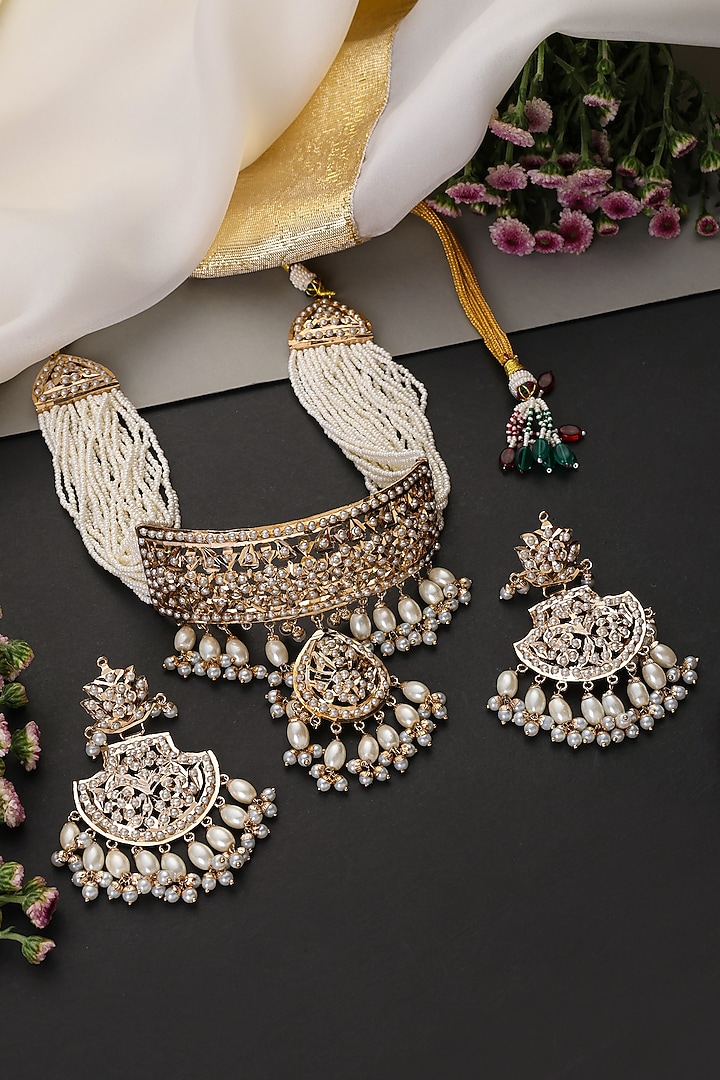 Gold Finish Jadau Stone Handcrafted Choker Necklace Set by Swabhimann Jewellery at Pernia's Pop Up Shop