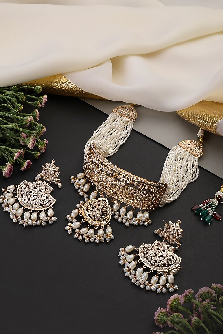 Gold Finish Jadau Stone Handcrafted Choker Necklace Set by Swabhimann Jewellery at Pernia's Pop Up Shop