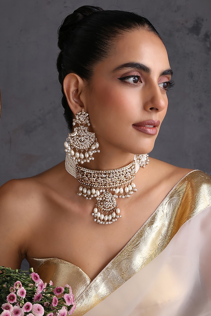 Gold Finish Jadau Stone Handcrafted Choker Necklace Set by Swabhimann Jewellery at Pernia's Pop Up Shop