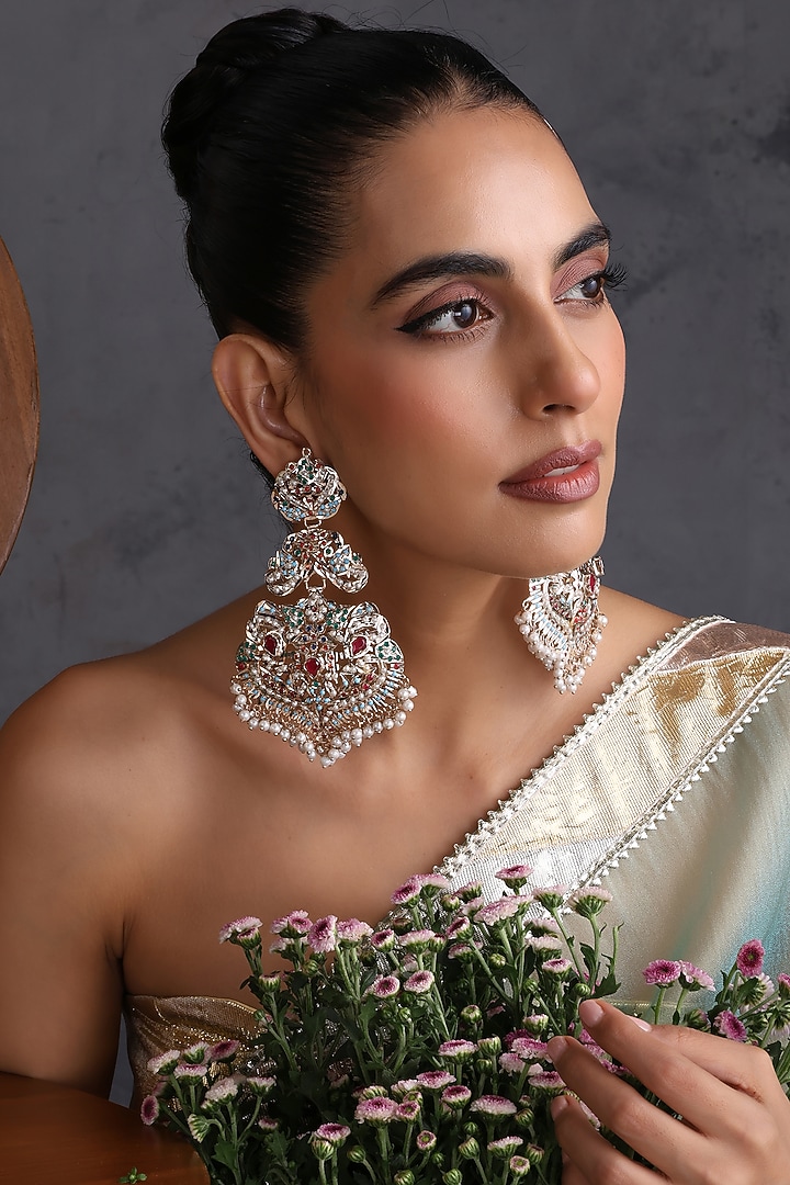 Gold Finish Multi-Colored Jadau Stone Handcrafted Dangler Earrings by Swabhimann Jewellery at Pernia's Pop Up Shop