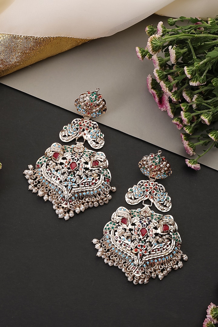 Gold Finish Multi-Colored Jadau Stone Handcrafted Dangler Earrings by Swabhimann Jewellery at Pernia's Pop Up Shop