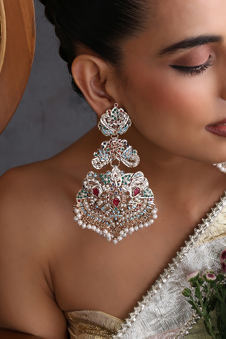 Gold Finish Multi-Colored Jadau Stone Handcrafted Dangler Earrings by Swabhimann Jewellery at Pernia's Pop Up Shop