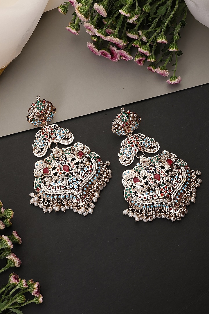 Gold Finish Multi-Colored Jadau Stone Handcrafted Dangler Earrings by Swabhimann Jewellery at Pernia's Pop Up Shop