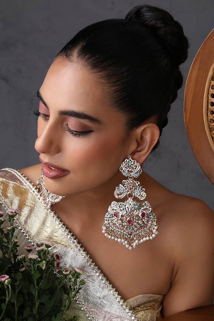 Gold Finish Multi-Colored Jadau Stone Handcrafted Dangler Earrings by Swabhimann Jewellery at Pernia's Pop Up Shop