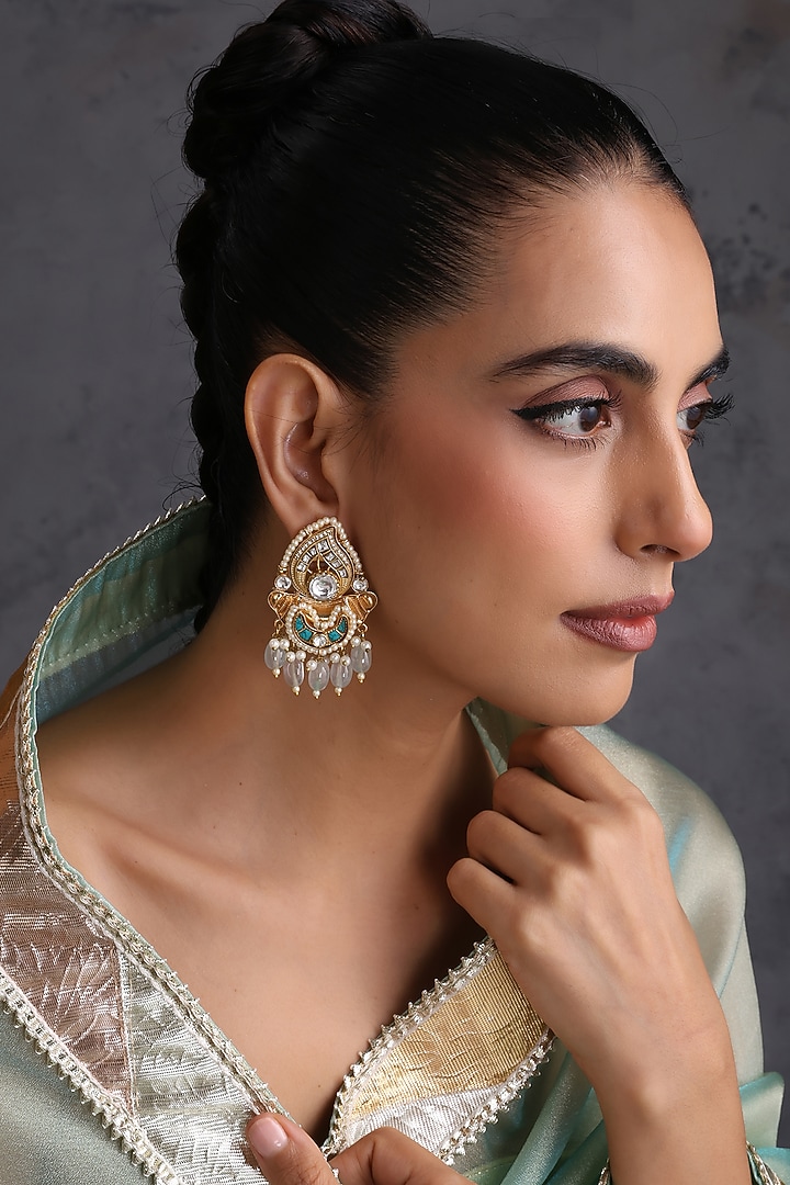 Gold Finish Kundan Polki Handcrafted Chandbali Earrings by Swabhimann Jewellery at Pernia's Pop Up Shop