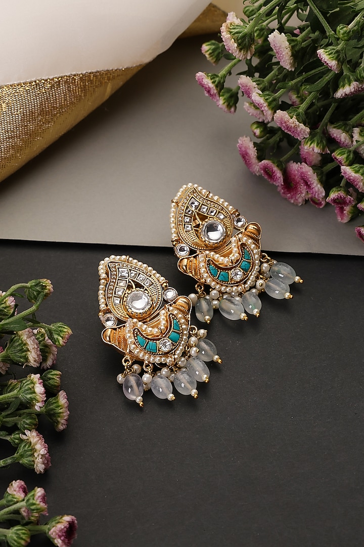 Gold Finish Kundan Polki Handcrafted Chandbali Earrings by Swabhimann Jewellery at Pernia's Pop Up Shop