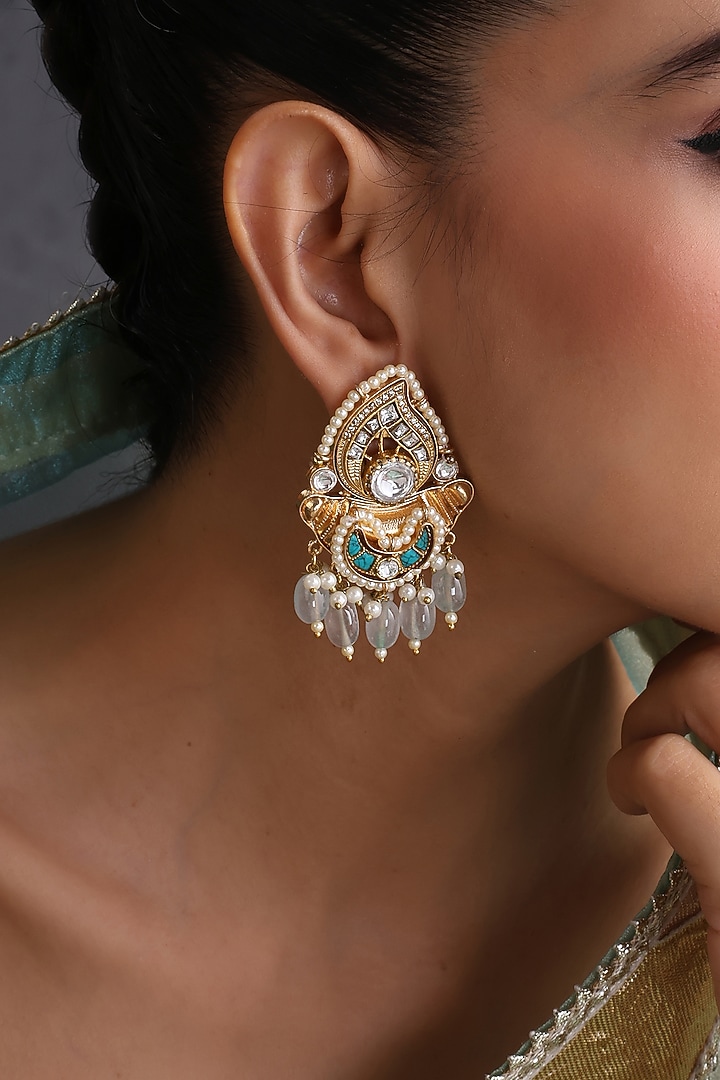 Gold Finish Kundan Polki Handcrafted Chandbali Earrings by Swabhimann Jewellery at Pernia's Pop Up Shop