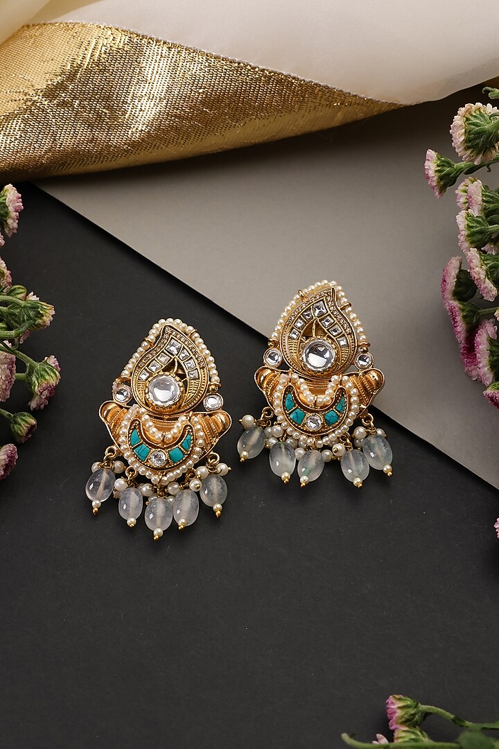 Gold Finish Kundan Polki Handcrafted Chandbali Earrings by Swabhimann Jewellery at Pernia's Pop Up Shop