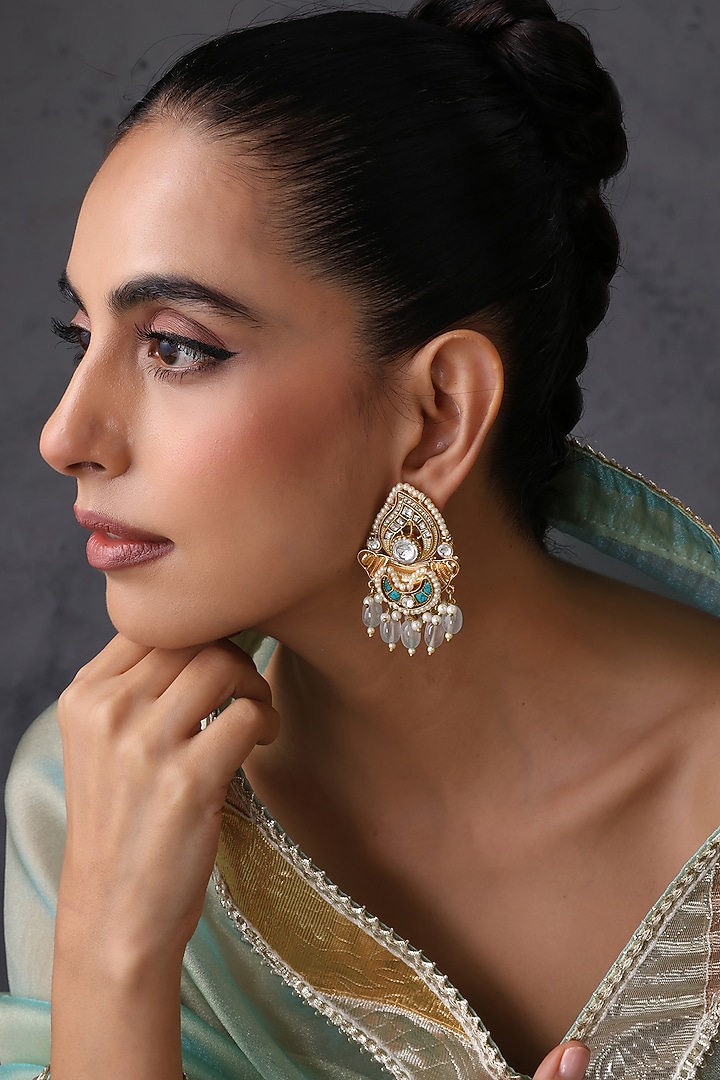 Gold Finish Kundan Polki Handcrafted Chandbali Earrings by Swabhimann Jewellery at Pernia's Pop Up Shop