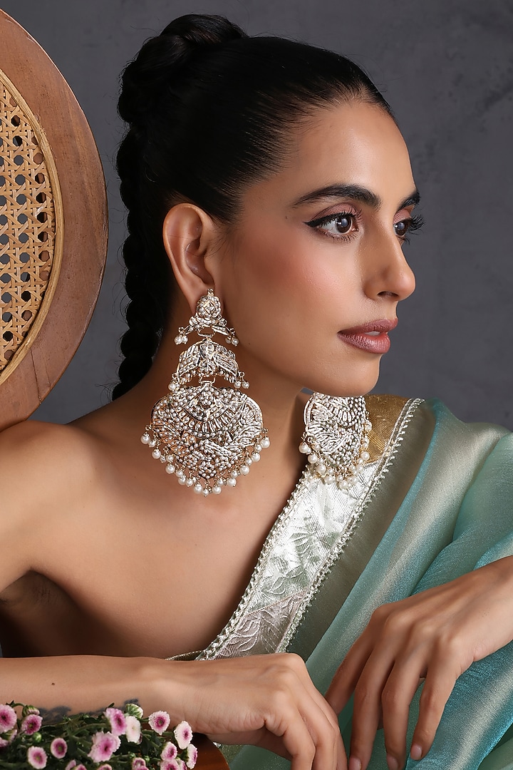 White Gold Finish Jadau Stone Handcrafted Dangler Earrings by Swabhimann Jewellery at Pernia's Pop Up Shop
