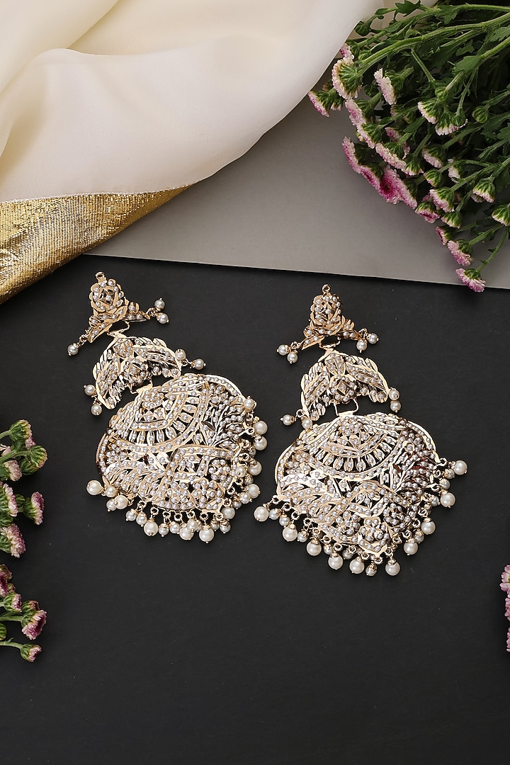 White Gold Finish Jadau Stone Handcrafted Dangler Earrings by Swabhimann Jewellery at Pernia's Pop Up Shop