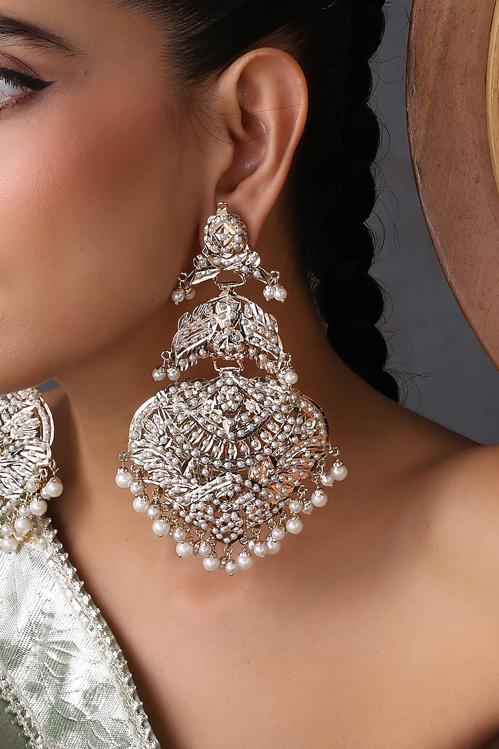 White Gold Finish Jadau Stone Handcrafted Dangler Earrings by Swabhimann Jewellery at Pernia's Pop Up Shop