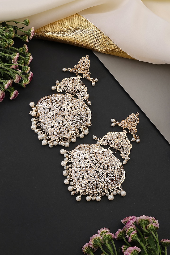 White Gold Finish Jadau Stone Handcrafted Dangler Earrings by Swabhimann Jewellery at Pernia's Pop Up Shop