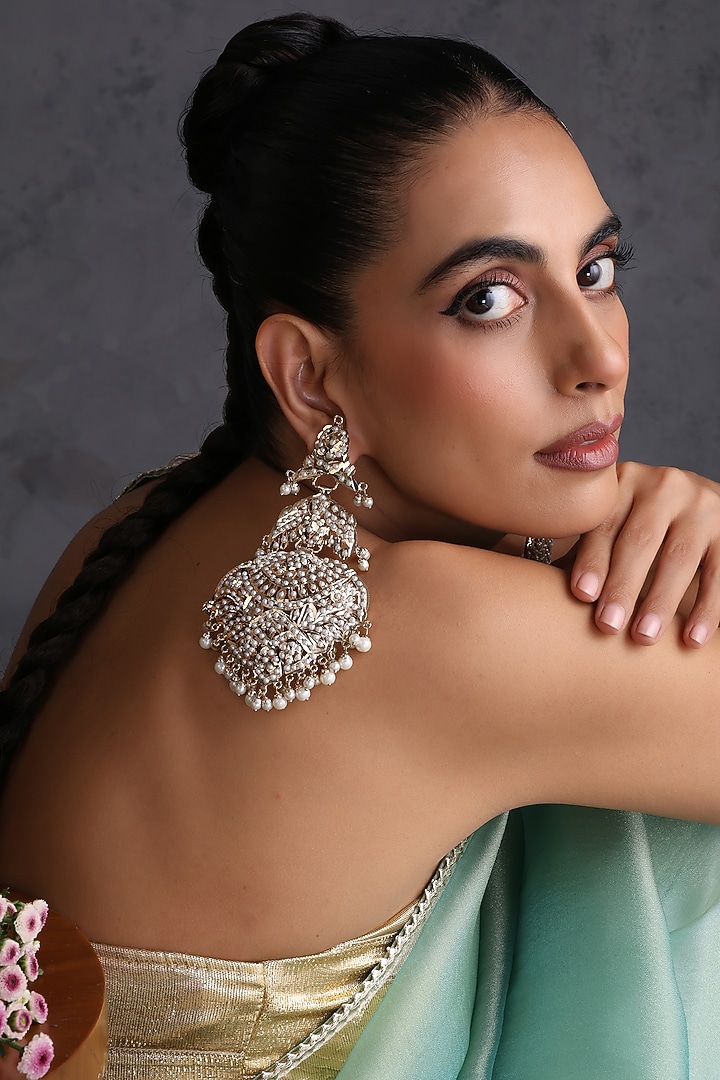 White Gold Finish Jadau Stone Handcrafted Dangler Earrings by Swabhimann Jewellery at Pernia's Pop Up Shop