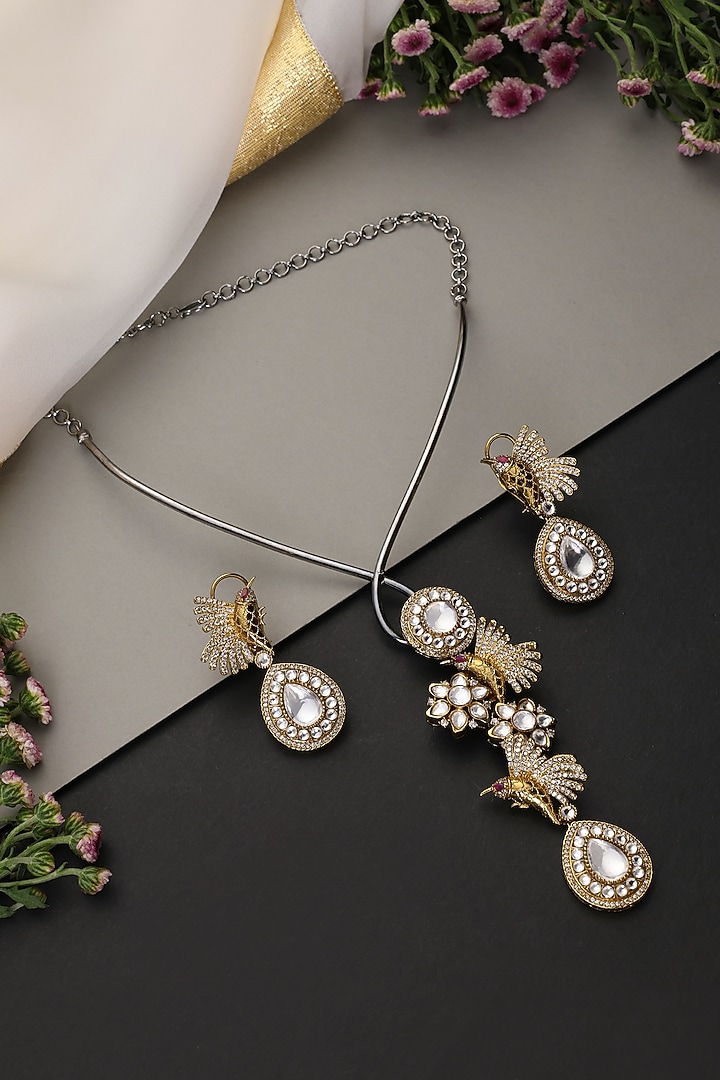 Gold Finish Kundan Polki Handcrafted Hasli Necklace Set by Swabhimann Jewellery at Pernia's Pop Up Shop