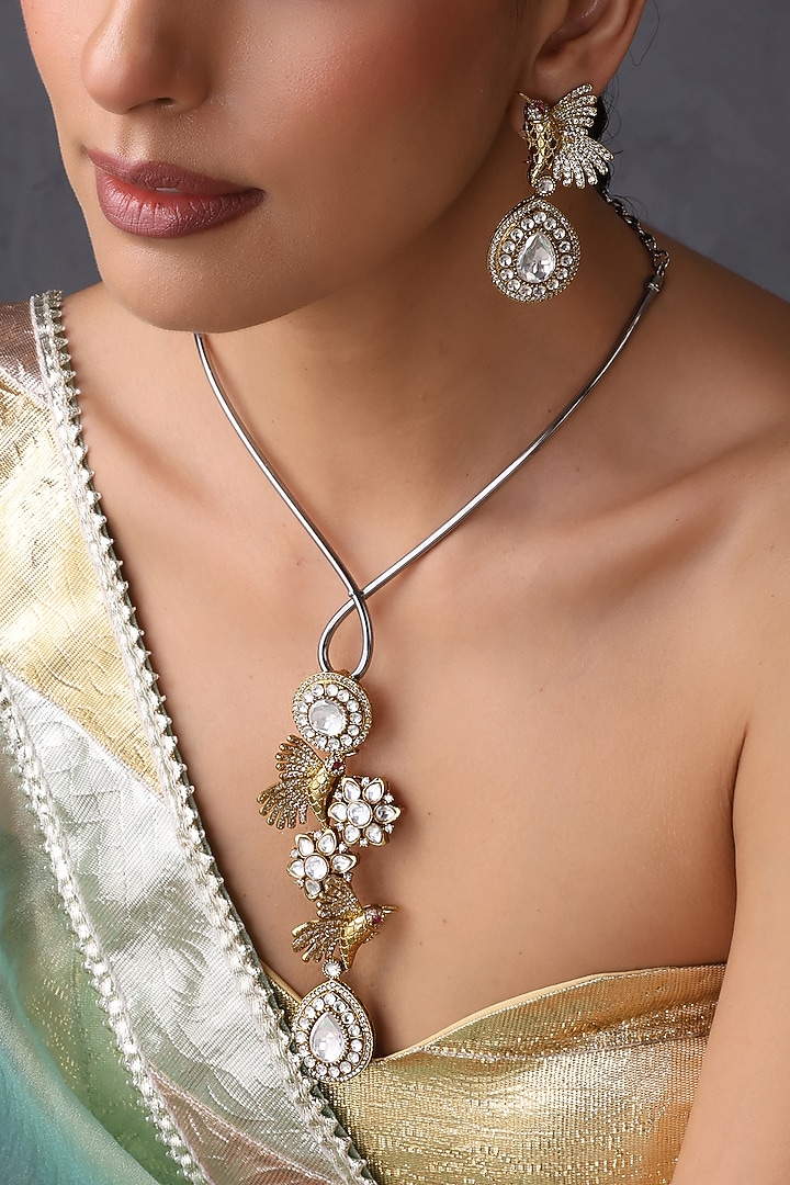 Gold Finish Kundan Polki Handcrafted Hasli Necklace Set by Swabhimann Jewellery at Pernia's Pop Up Shop