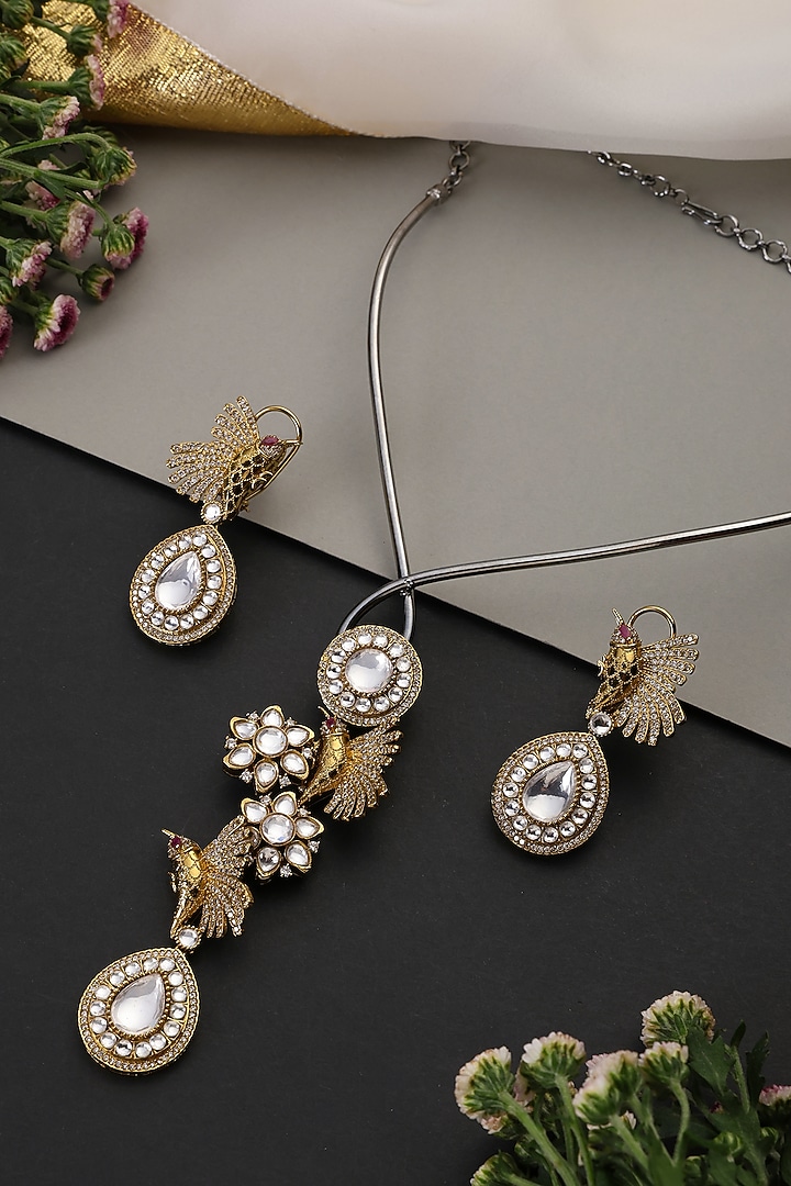 Gold Finish Kundan Polki Handcrafted Hasli Necklace Set by Swabhimann Jewellery at Pernia's Pop Up Shop
