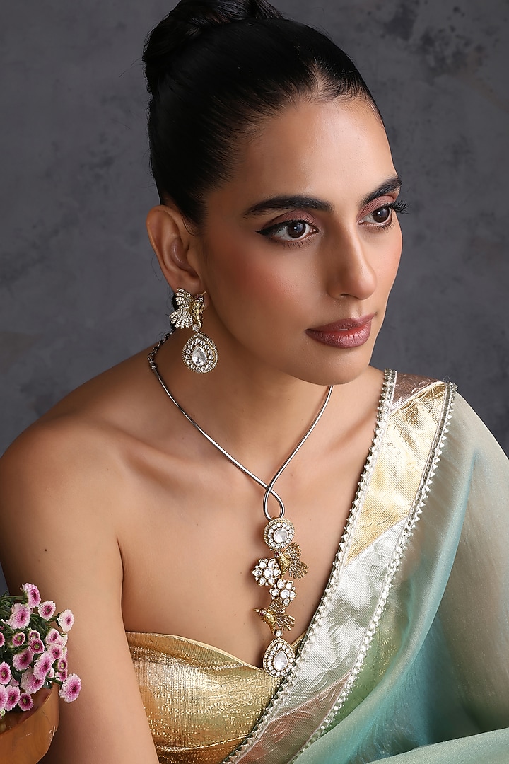 Gold Finish Kundan Polki Handcrafted Hasli Necklace Set by Swabhimann Jewellery at Pernia's Pop Up Shop