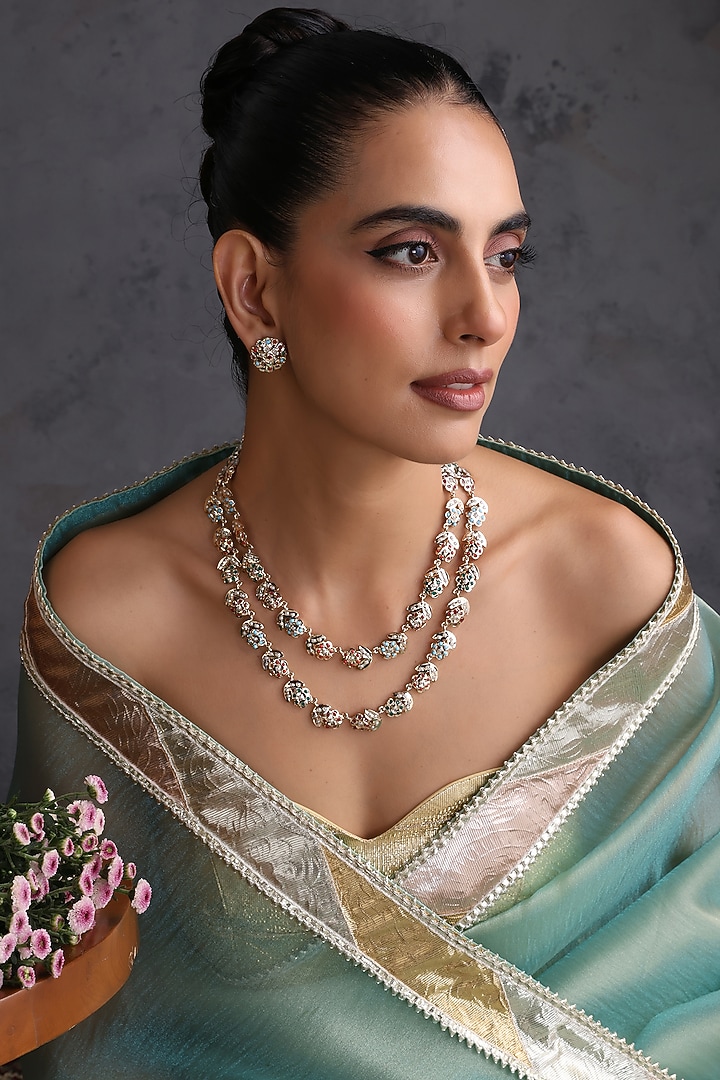 Gold Finish Multi-Colored Jadau Stone Layered Necklace Set by Swabhimann Jewellery at Pernia's Pop Up Shop