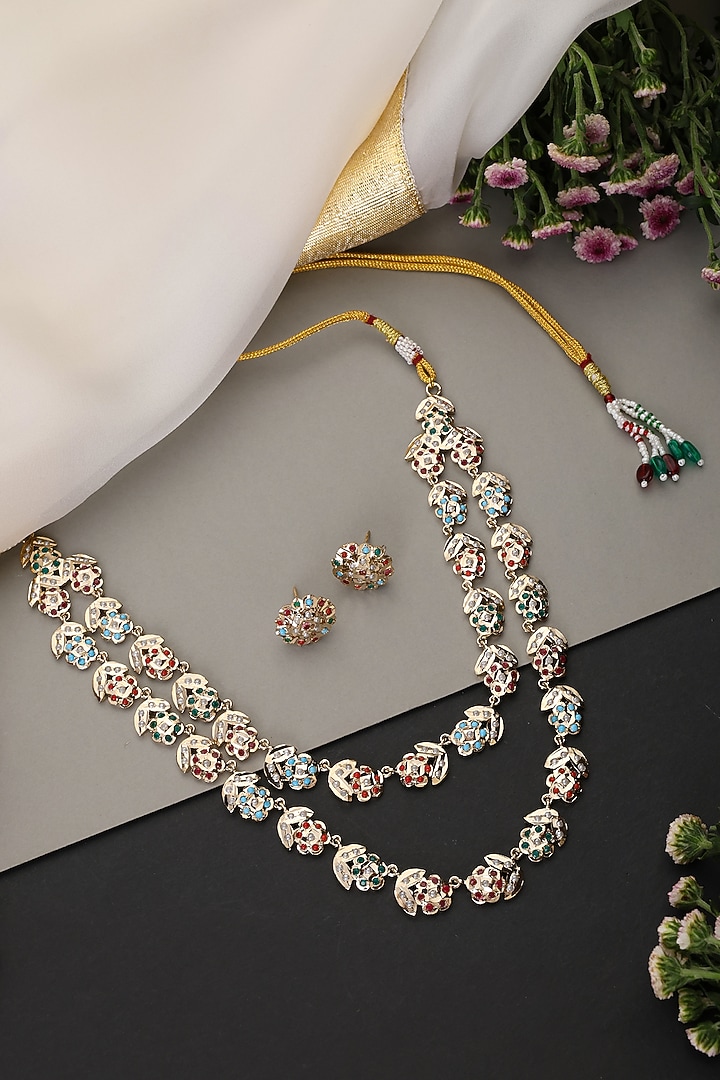 Gold Finish Multi-Colored Jadau Stone Layered Necklace Set by Swabhimann Jewellery at Pernia's Pop Up Shop