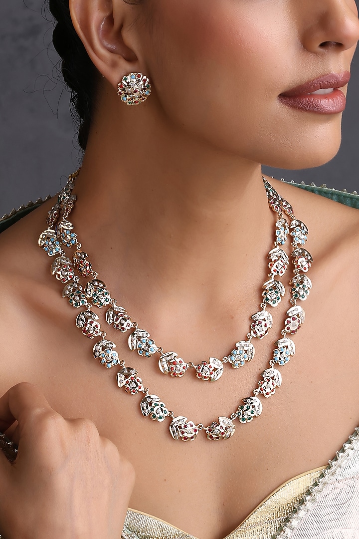 Gold Finish Multi-Colored Jadau Stone Layered Necklace Set by Swabhimann Jewellery at Pernia's Pop Up Shop